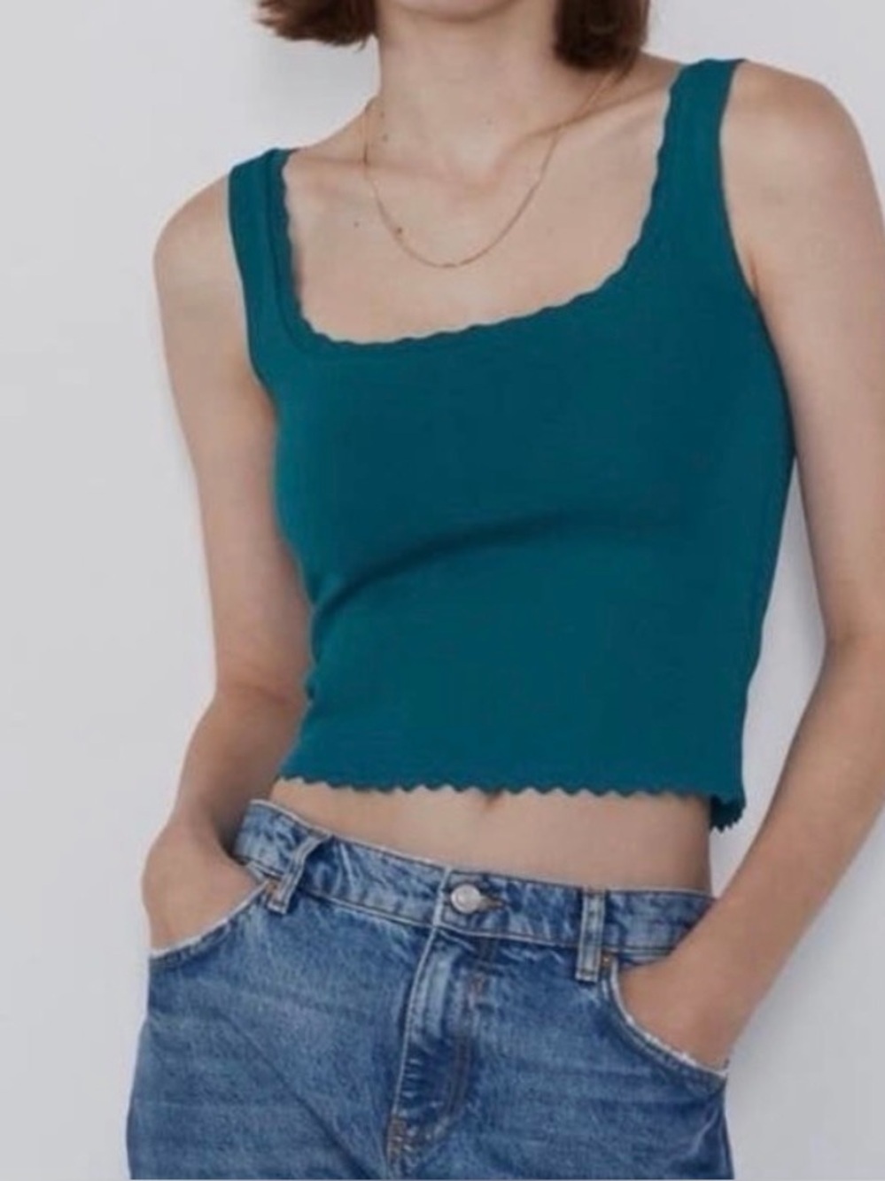 Zara Teal Ribbed Square Neck Teal Knit Tank  size M